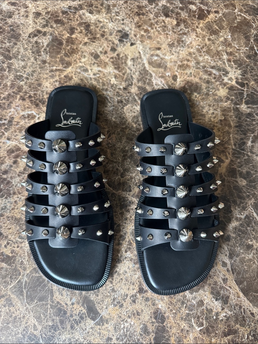 Christian Louboutin charja flat black leather silver spike sandals sz 38.5